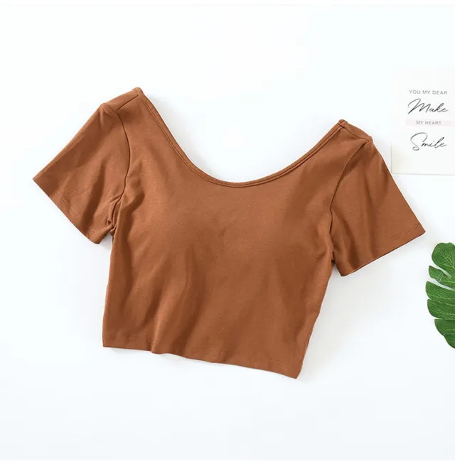 Comes With Chest Pad, Short Sleeved, High Waist, Big Round Neck T Shirt, Women's Non Wireless Cup And Bra Bottoming Shirt Caramel - Shop at LoveMi