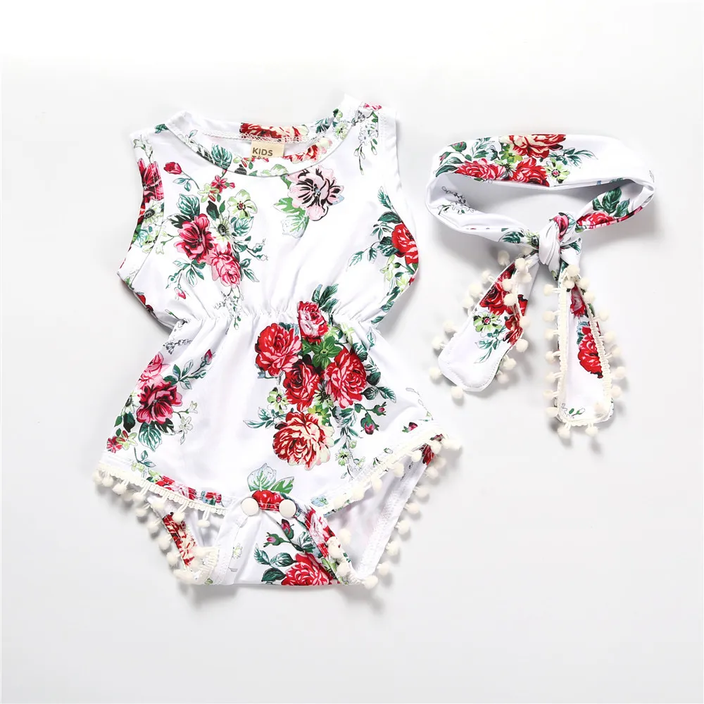 Baby Girls Floral Jumpsuit Romper Playsuits Headband Outfi - 2Style