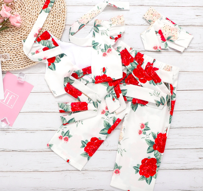 3-piece Baby Girl Floral Rose Bow Blouse, Pants, Headband