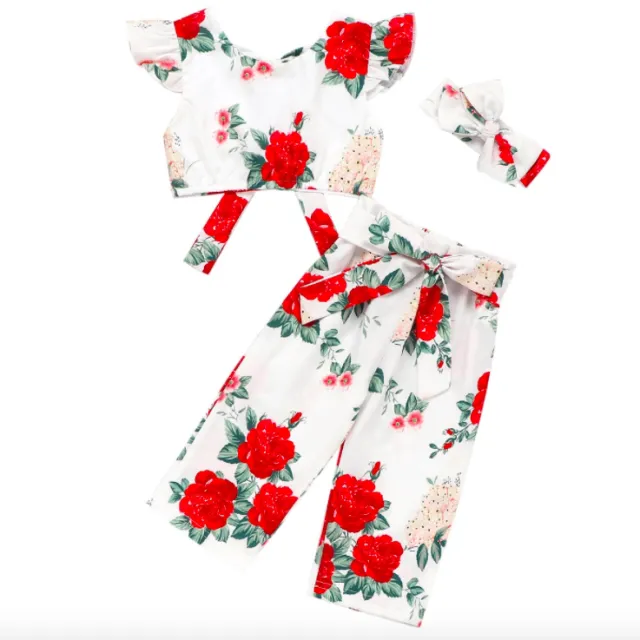 3 piece Baby Girl Floral Rose Bow Blouse, Pants, Headband Red - Shop at LoveMi