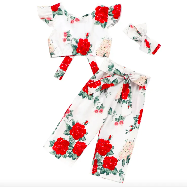 3-piece Baby Girl Floral Rose Bow Blouse, Pants, Headband - Red