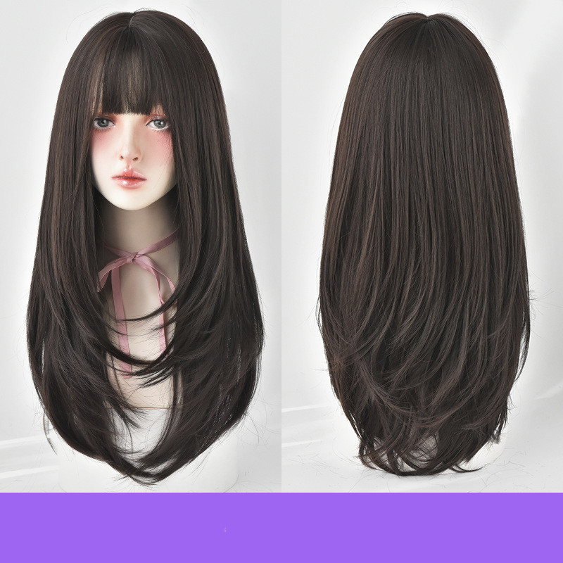Wig Female Long Hair, Long Straight Hair, Inner Button Air Bangs Dark Brown - Shop at LoveMi