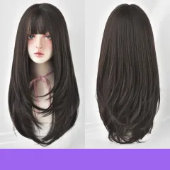 Wig Female Long Hair, Long Straight Hair, Inner Button Air Bangs - Dark Brown - View 1