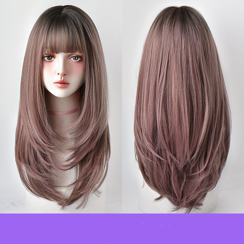 Wig Female Long Hair, Long Straight Hair, Inner Button Air Bangs Pink Brown - Shop at LoveMi