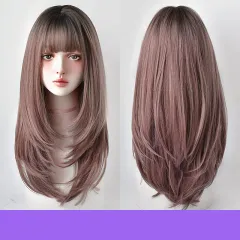 Wig Female Long Hair, Long Straight Hair, Inner Button Air Bangs - Pink Brown - View 1