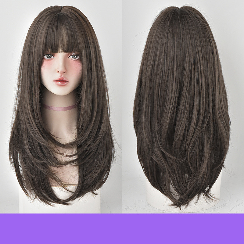 Wig Female Long Hair, Long Straight Hair, Inner Button Air Bangs Cool Brown - Shop at LoveMi