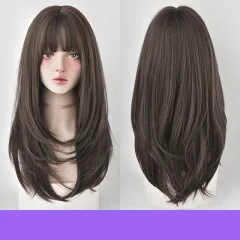 Wig Female Long Hair, Long Straight Hair, Inner Button Air Bangs - Cool Brown - View 1