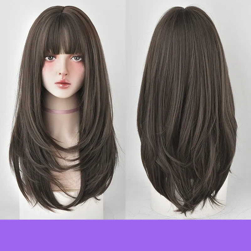 Wig Female Long Hair, Long Straight Hair, Inner Button Air Bangs - Cool Brown