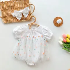 Ins Baby Short-sleeved One-piece Romper Girl Baby Daisy Net Yarn Princess Dress Newborn Bag Fart Summer - White - View 1