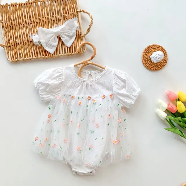Ins Baby Short sleeved One piece Romper Girl Baby Daisy Net Yarn Princess Dress Newborn Bag Fart Summer White - Shop at LoveMi