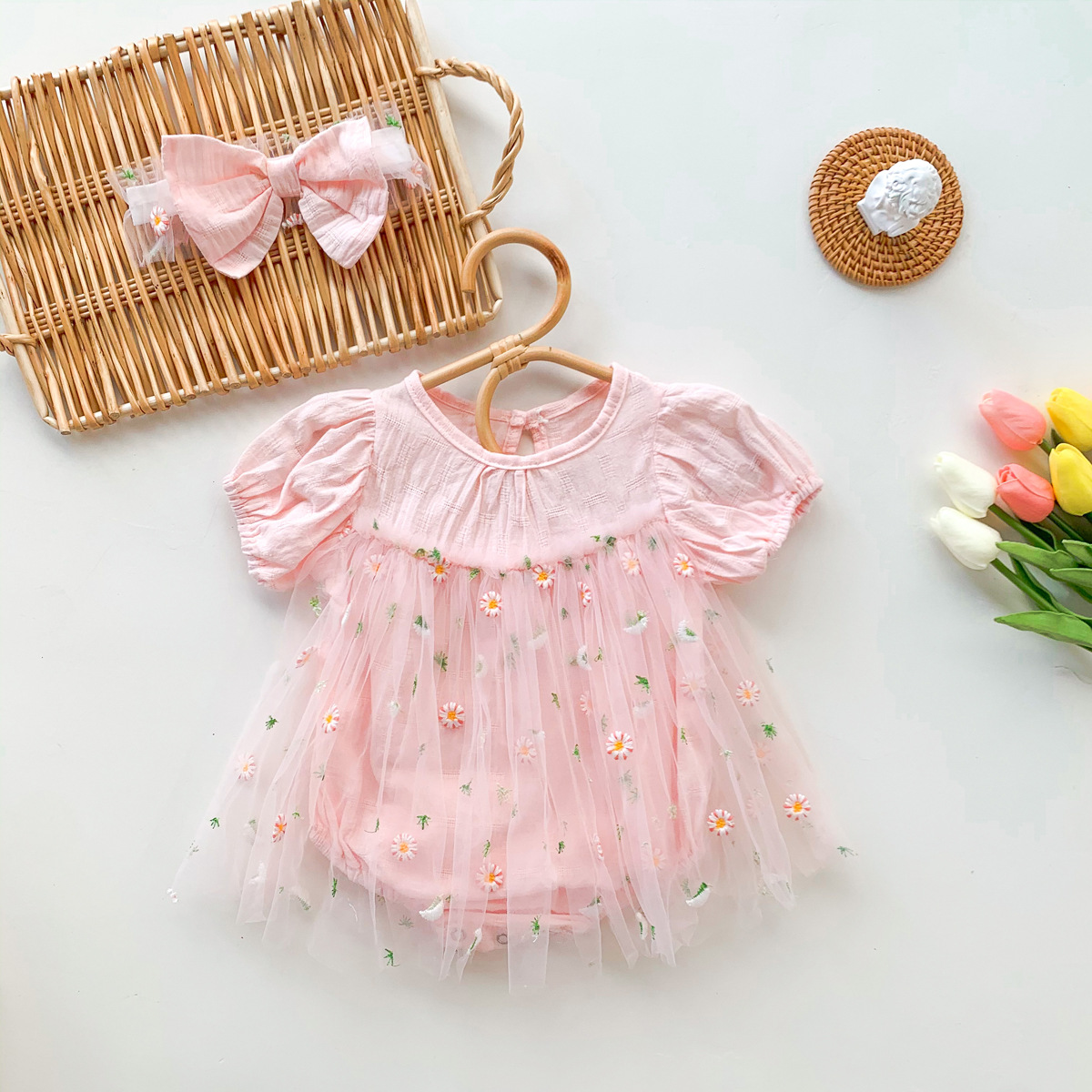Ins Baby Short sleeved One piece Romper Girl Baby Daisy Net Yarn Princess Dress Newborn Bag Fart Summer Pink - Shop at LoveMi