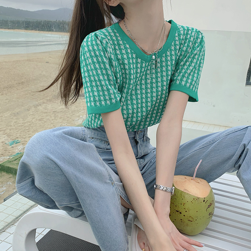 Knitted Top Women's Retro Houndstooth Short-Sleeved T-Shirt New Summer High-Waist Navel Short Half-Sleeved Ins Tide