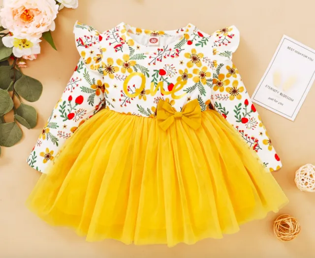 Toddler Baby Girls Dress Floral Ruffle Sleeve Girl Clothes Yellow - Shop at LoveMi
