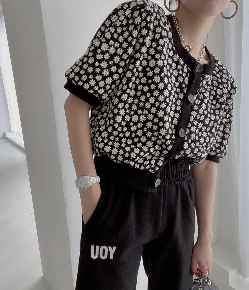 Round Neck Single-breasted Cardigan Small Coat Floral Short Sleeves