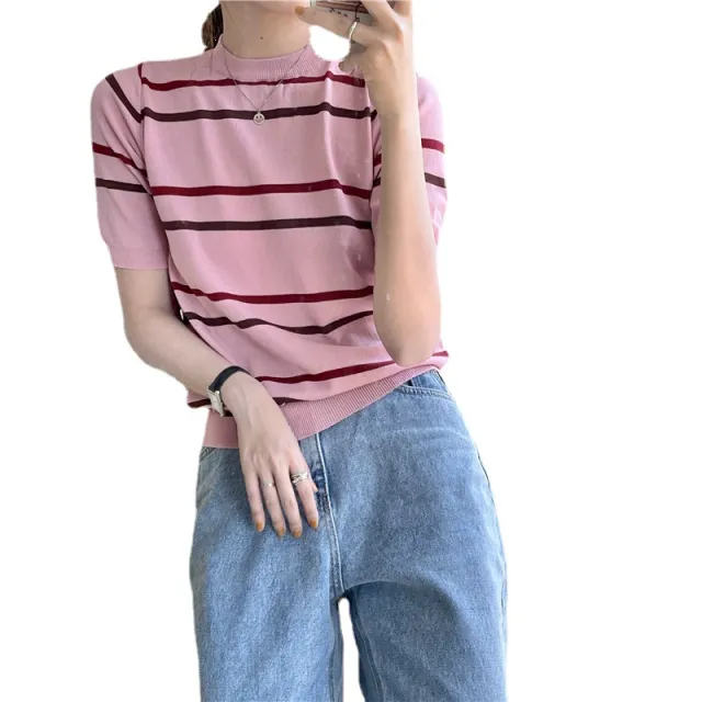 Icy Colored Pinstripe Ice Silk Sweater Pink - Shop at LoveMi