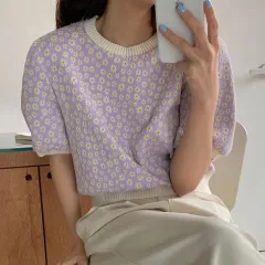 Summer Western Style Age Reduction Round Neck Pullover Loose Puff Sleeve Small Daisy Sweater T-shirt Top Women - Purple - View 1