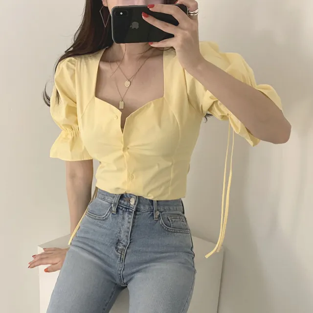 Square Neck Lace up Top With Exposed Clavicle Back Yellow - Shop at LoveMi