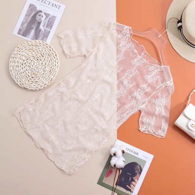 Lace Bottoming Shirt Women's Short sleeved Inner Mesh Thin Half sleeved Hollow Transparent Top Apricot - Shop at LoveMi