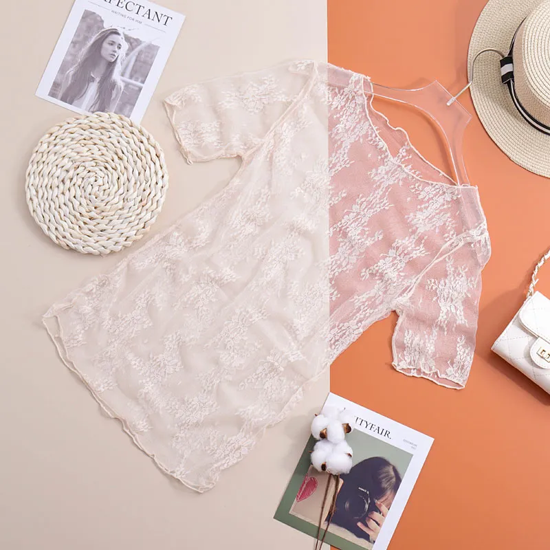 Lace Bottoming Shirt Women's Short-sleeved Inner Mesh Thin Half-sleeved Hollow Transparent Top - Apricot