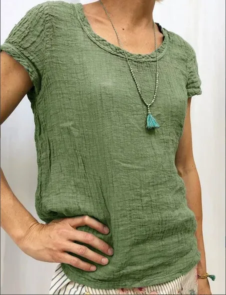 Women's T Shirt Cotton Double Layer Crepe Fashion T Shirt Green - Shop at LoveMi