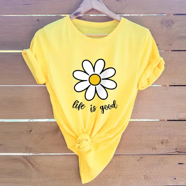 Casual Cute Flower Short sleeved Women's T shirt Pure Cotton Yellow - Shop at LoveMi