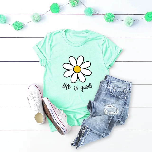 Casual Cute Flower Short sleeved Women's T shirt Pure Cotton Mint Green - Shop at LoveMi