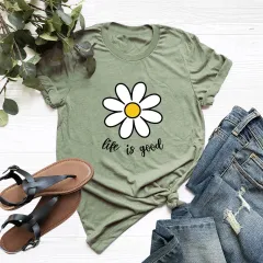 Casual Cute Flower Short-sleeved Women's T-shirt Pure Cotton - Army Green - View 1