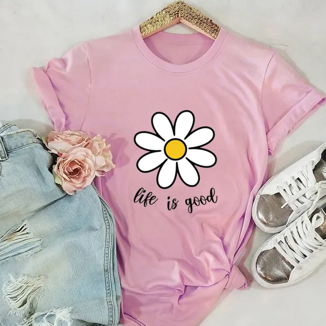 Casual Cute Flower Short sleeved Women's T shirt Pure Cotton Pink - Shop at LoveMi