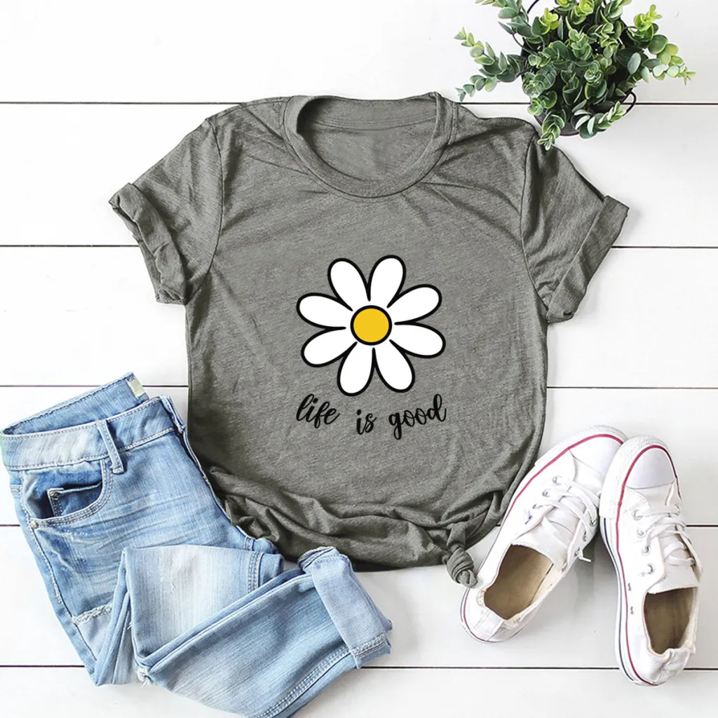 Casual Cute Flower Short-sleeved Women's T-shirt Pure Cotton - Grey