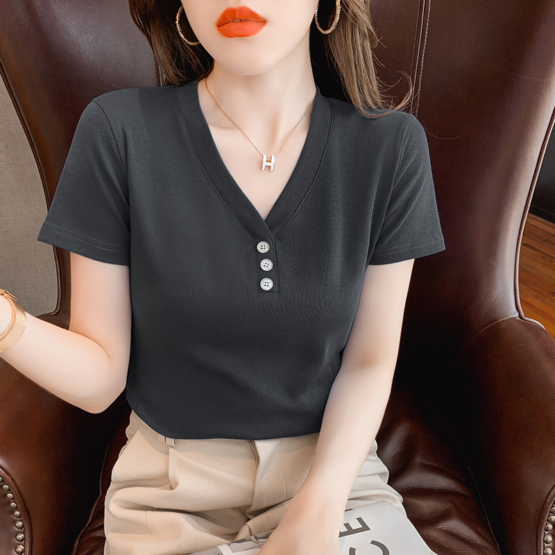 Fashion Rhinestone Button V-neck Solid Color Short Top Short Sleeve