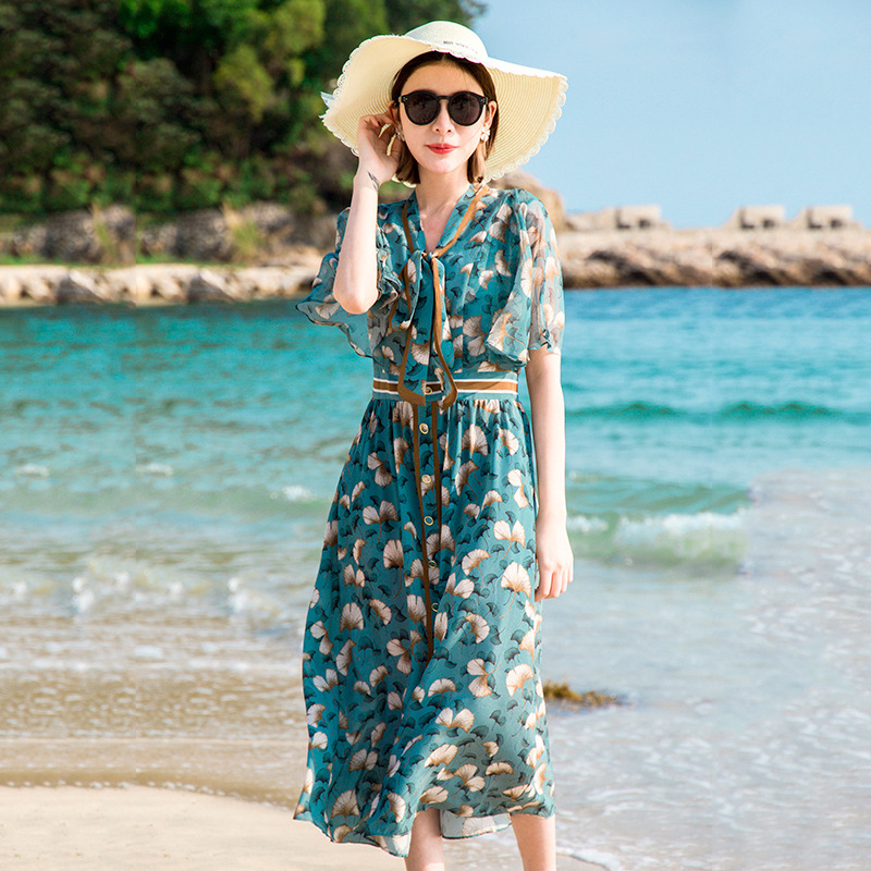 Silk Dress Female New French Style Elegant Floral Waist Silk A-line Long Skirt