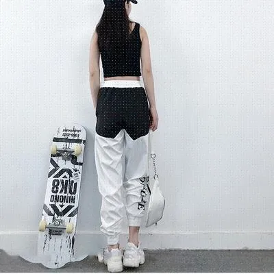 High Waist Letter Spliced Cargo Pants Women Loose Harajuku Black - Shop at LoveMi