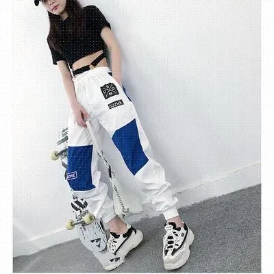 High Waist Letter Spliced Cargo Pants Women Loose Harajuku Blue - Shop at LoveMi