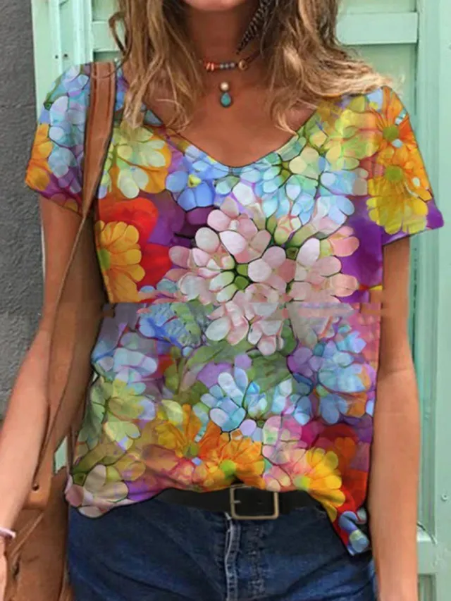 New Sleeved V Neck Printed Short Sleeved Loose Fitting Women's T Shirt 3.Style - Shop at LoveMi
