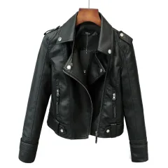 Fashionable Slim Leather Coat Pu Coat For Ladies - Black - View 1