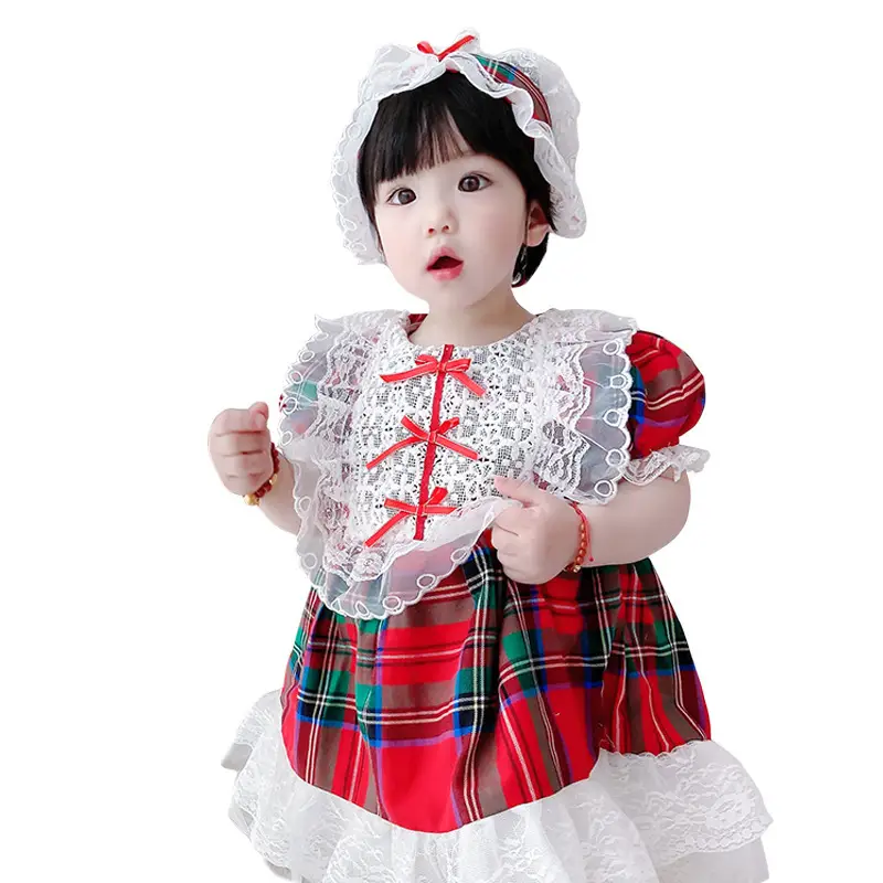 Red Plaid Girls Dress Lace Skirt