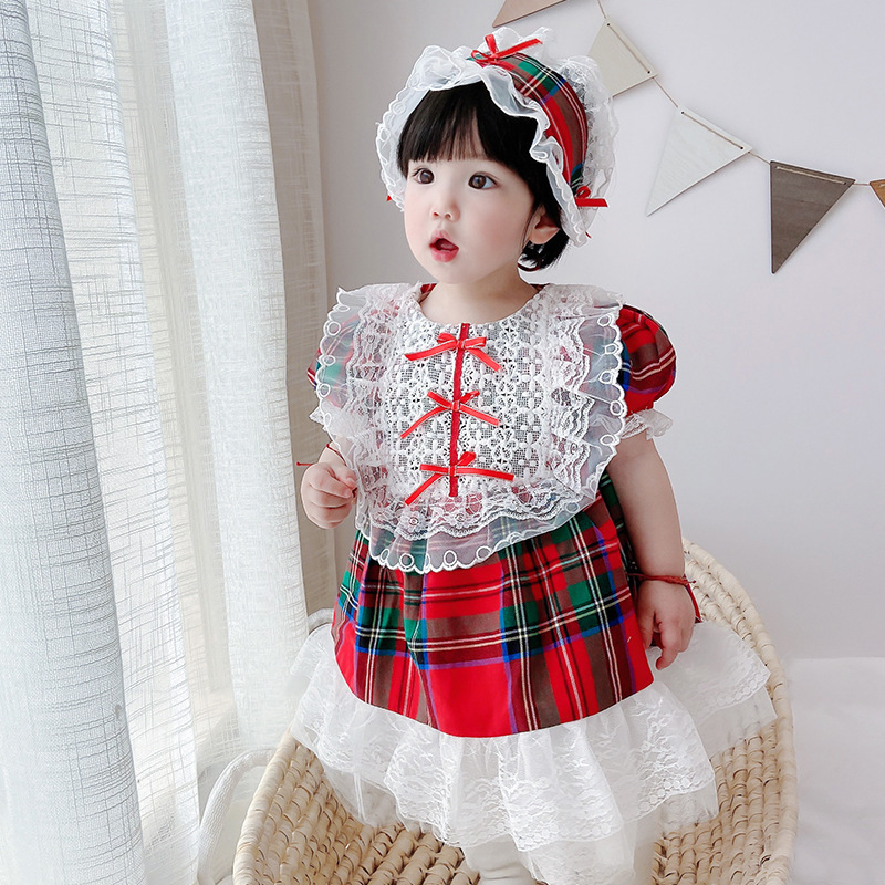 Red Plaid Girls Dress Lace Skirt