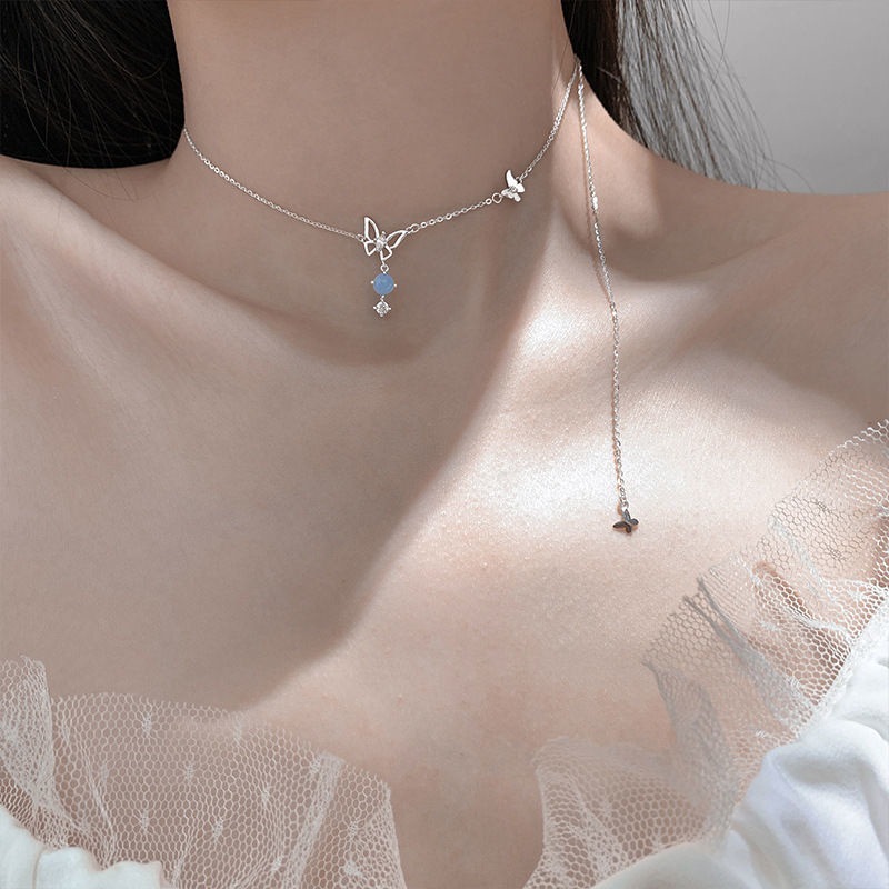 Silver Butterfly Clear Spring Pendant Necklace Niche Design Sense Cold Net Red Light Wind Clavicle Chain