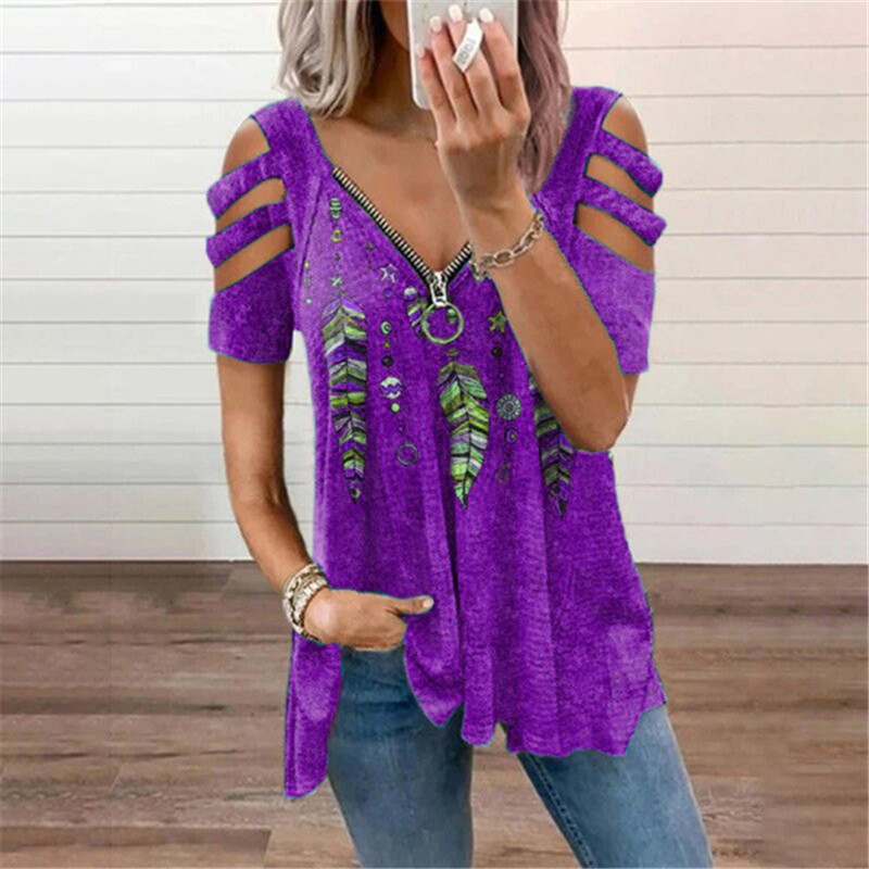 V neck Zipper Pullover Print Short sleeved Loose T shirt Purple - Shop at LoveMi