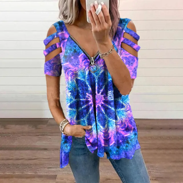V neck Zipper Pullover Print Short sleeved Loose T shirt Colorful - Shop at LoveMi