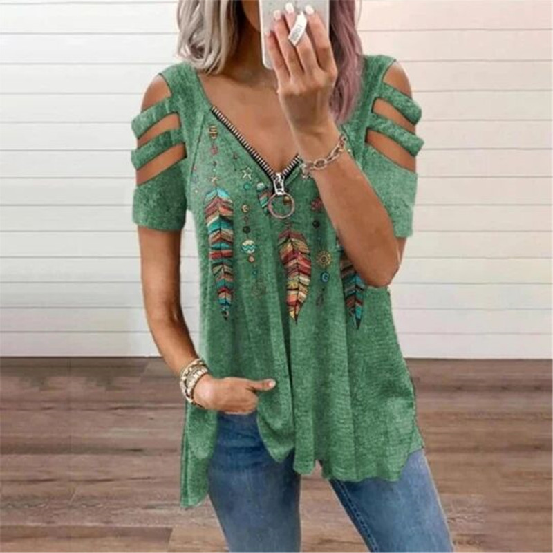V neck Zipper Pullover Print Short sleeved Loose T shirt Green - Shop at LoveMi