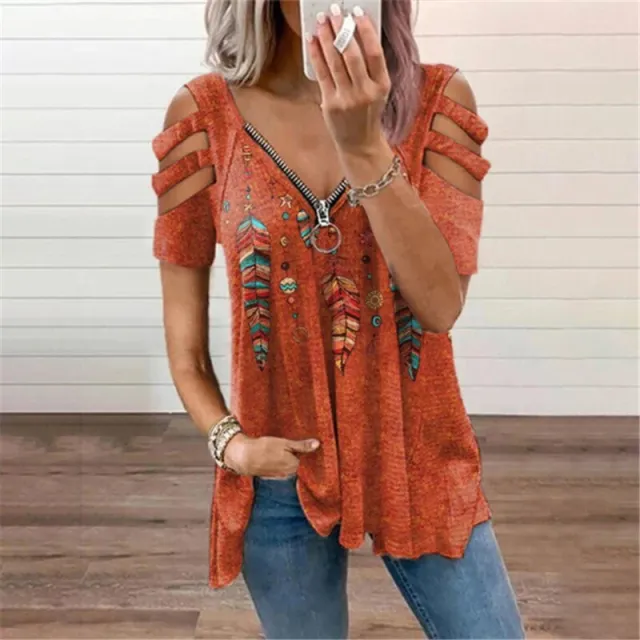 V neck Zipper Pullover Print Short sleeved Loose T shirt Orange - Shop at LoveMi