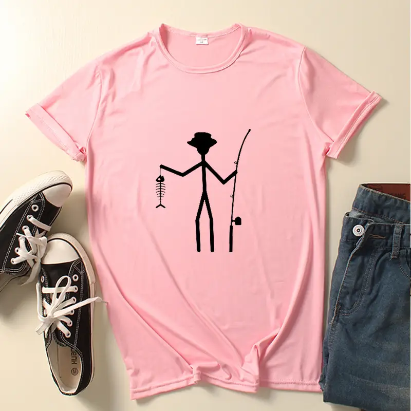 Printed Man Short Sleeve Funny Fisherman Stick Man Holding Fish Bone