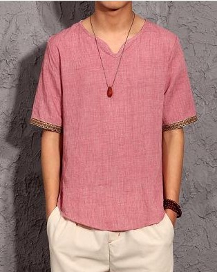 Shortsleeved T-shirt, Chinese Style Vneck Hit Color, Trendy Men's Cotton And Linen Plus Size Casual Tshirt,