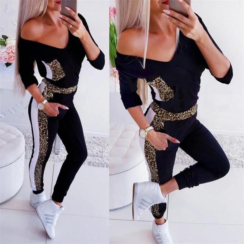 V-neck Leopard Print Contrast Stitching Long-sleeved Jumpsuit