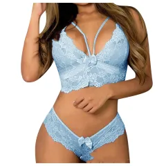 Sexy Women Plus Size Lingerie Corset Lace Floral Bralette Bra Two Piece Underwear Sexy Lingerie - Blue - View 1