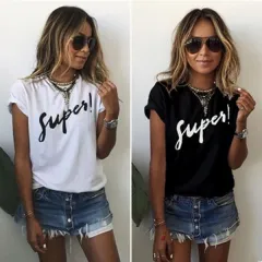 Women's White Short Sleeve Letter T-Shirt - Black - View 1