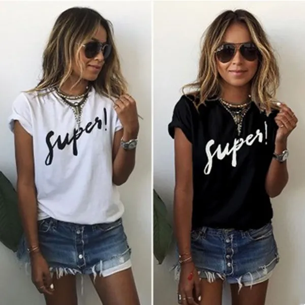 Women's White Short Sleeve Letter T Shirt Black - Shop at LoveMi