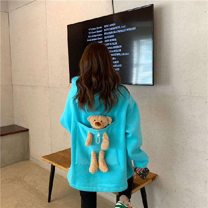 Autumn And Winter Back Bear Three-dimensional Plus Velvet Sweater Women Loose