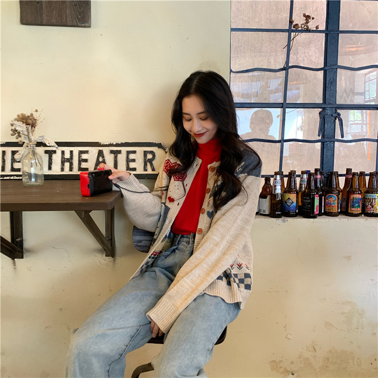 Autumn And Winter New Style Vintage Childlike Student Jacquard Thickened Cardigan Sweater Coat